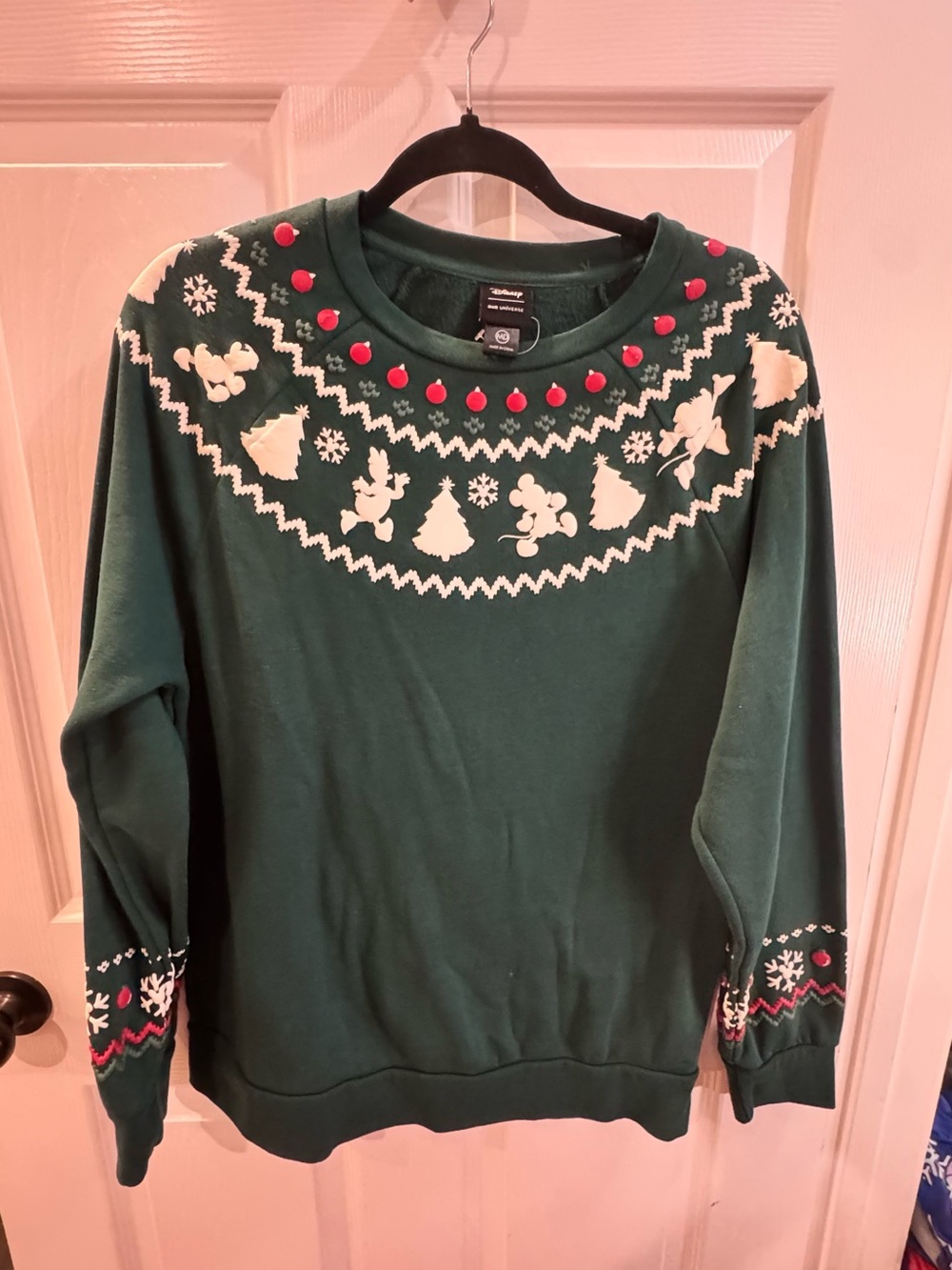 Disney Women's Forest Green Crewneck Holiday Sweater with Red Pom Accents